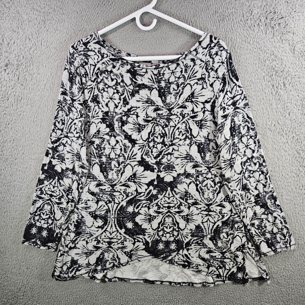 Chicos Zenergy Womens Sz 2 US 12/14 Damask‎ Floral Slub Knit Top Crossover Hem